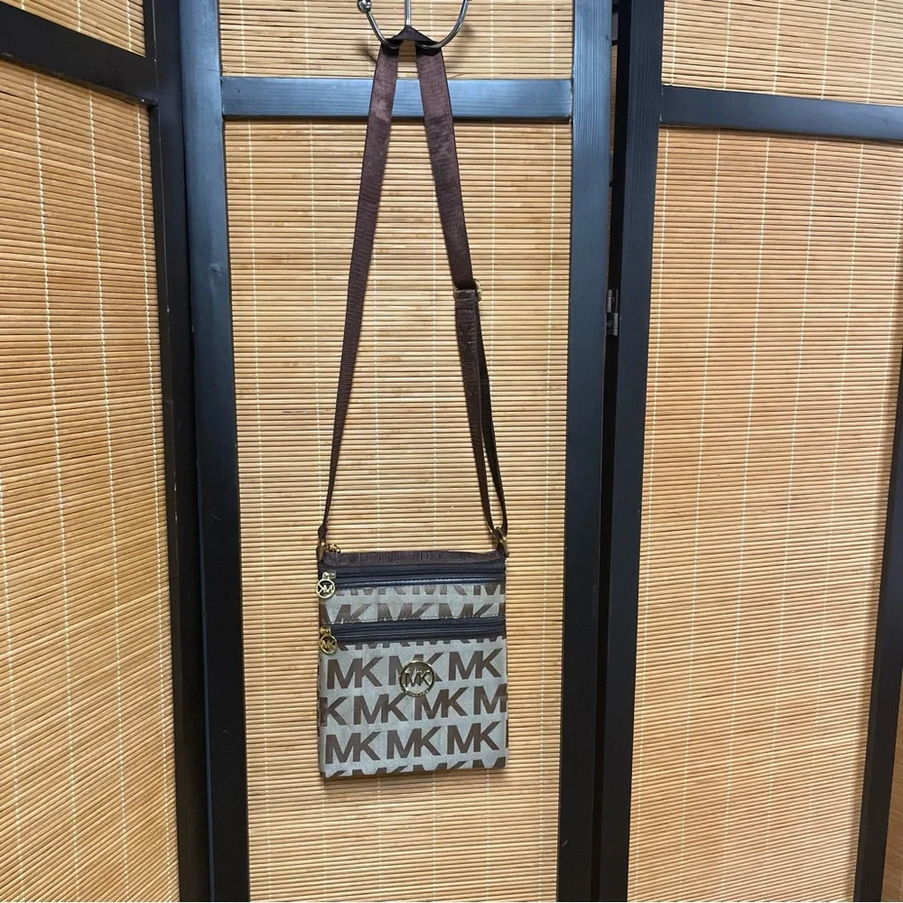 Michael Kors Brown MK Monogram Flat Crossbody Messenger Bag